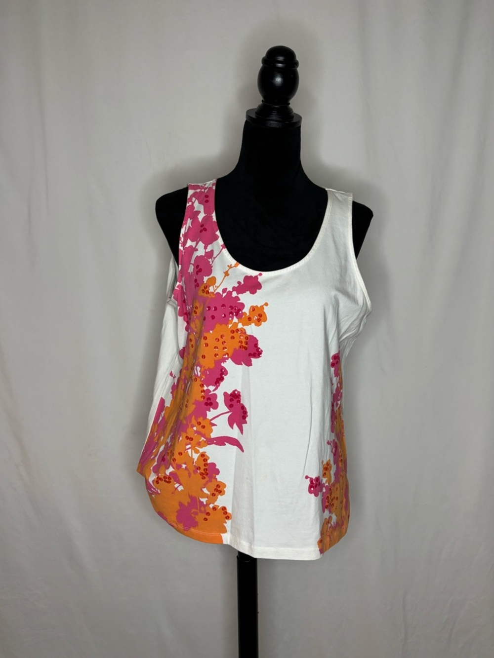Ruby Rd. White Tank with Pink & Orange Floral Border Print